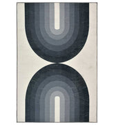 Black and gray modern geometric arch rug for contemporary spaces.
